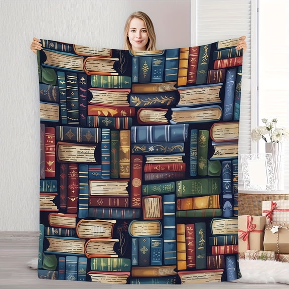 Vintage Book-Themed Flannel Blanket - Quilted Bedspread with Book Spine Print, All-Season Cozy Bed Covering for Reading Nook,, Dorm & Library Decor - Soft Warm Bedspread for Book Lovers (Multicolor)