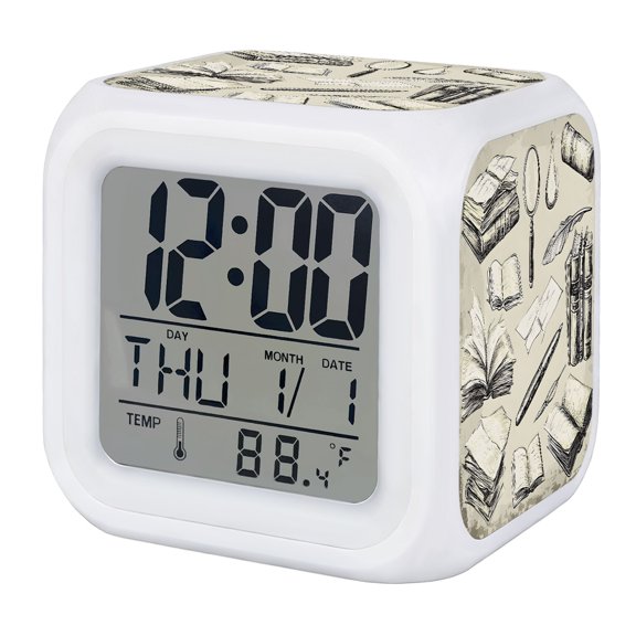 Vintage Books Alarm Clock, Magnifying Glass Quill Pen Rustic Beige Digital Clock Night Light with 7 Color, Calendar Temperature Display, LED Desk Small Clock for Bedrooms Bedside Living Room
