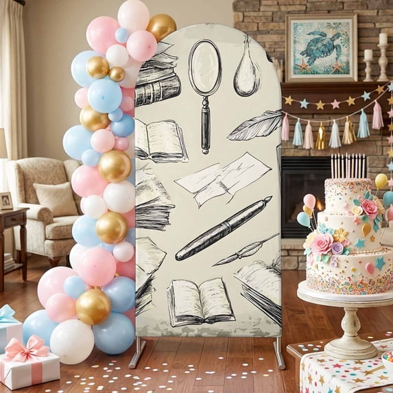 Vintage Books Arch Backdrop Covers 7.2 FT, Magnifying Glass Quill Pen Rustic Beige Stretchy Fitted Arched Stand Covers Party Arch Stand Cover Photo Booth for Wedding Birthday Decor