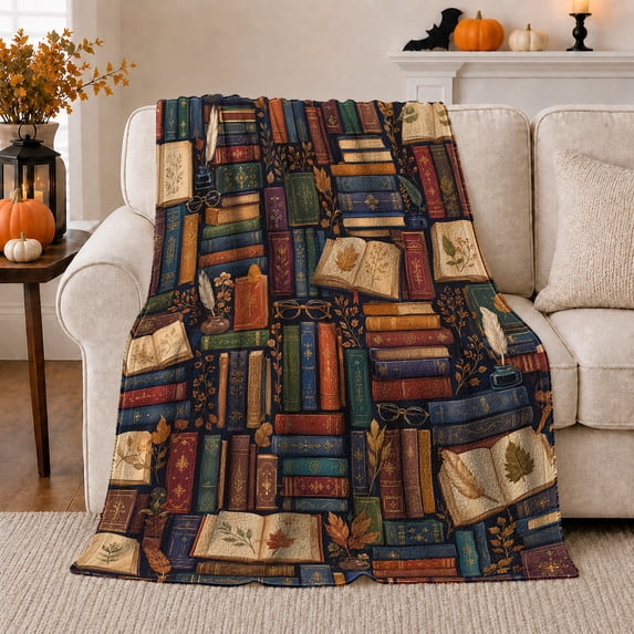 Vintage Books Autumn Leaves Collage, Cozy Gothic Scene, Warm Flannel Blanket for Home Library and Reading Nook with Detailed Artwork, Art Lovers Thanksgiving Gift, Gothic Home Decor