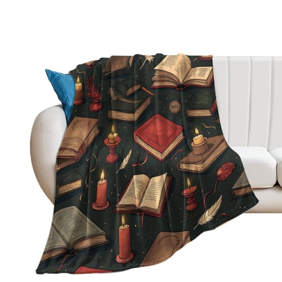 Vintage Books & Candles Pattern Blanket Throw Blankets Warm Cozy Lightweight Couch Blanket Stuff Gifts for Women Mom Teens