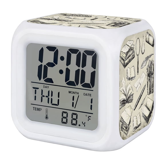 Vintage Books Digital Alarm Clock for Bedrooms, Smart LED Alarm Clock with 7 Color Changing Night Light, Retro Quill Pen Scholarly Aesthetic Silent Wake Up Clocks for Sleep Study Cooking 3.2"x3.2"