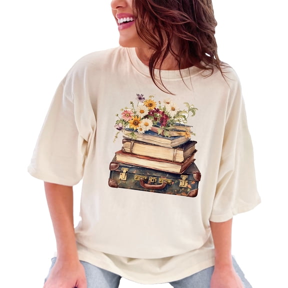 Vintage Books and Flowers Print, Aesthetic Floral Book Lover Shirt, Unique Literary Lovers Tee, Retro Books Stack Graphic TShirt, Ivory Comfort Colors T-Shirt, 2XL