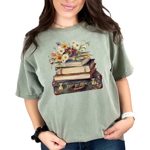 Vintage Books and Flowers T Shirt, Retro Book Lover Graphic Tee, Summer Wildflowers Art Shirt, Unique Gift for Readers, Floral T Shirt, Moss Comfort Colors T-Shirt, Small