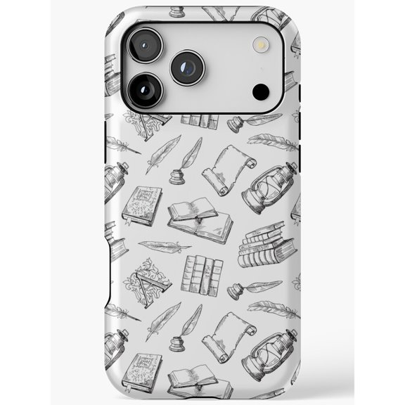 Vintage Books, Quills, Scrolls and Lanterns Tough Phone Case for Apple iPhone, Black and White Polycarbonate and TPU
