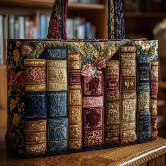 Vintage Books Quilted Tote Bag, Library Book Pattern Shoulder Tote, Lightweight Reading Lover Bag
