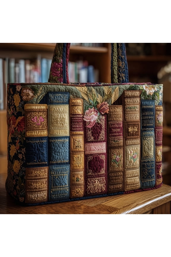 Vintage Books Quilted Tote Bag, Library Book Pattern Shoulder Tote, Lightweight Reading Lover Bag