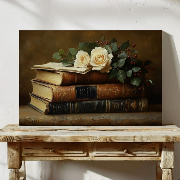 Vintage Books And Roses Still Life, Elegant Antique Library Decor, Romantic Floral Wall Art Print, Timeless Literary Aesthetic Wall Art, Modern Wall Decor, 24x36 UNFRAMED