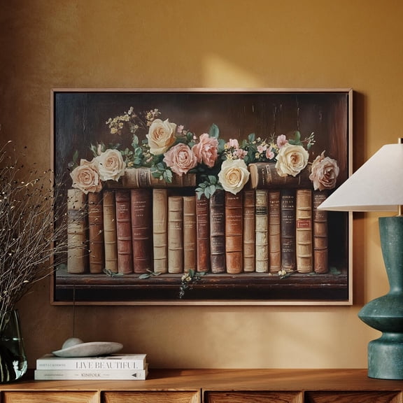 Vintage Books And Roses Wall Art – Literary Floral Print For Library, Study, Or Living Room – Romantic Home Decor Wall Art, Modern Wall Decor, 16x24 UNFRAMED
