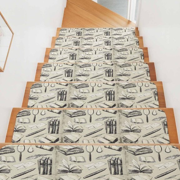 Vintage Books Stair Treads Non Slip for Steps Magnifying Glass Quill Pen Rustic Beige 15 Pcs Reusable Adhesive Stair Runner Mats for Dogs Elders Carpet Treads Rugs for Staircase 8x30 In