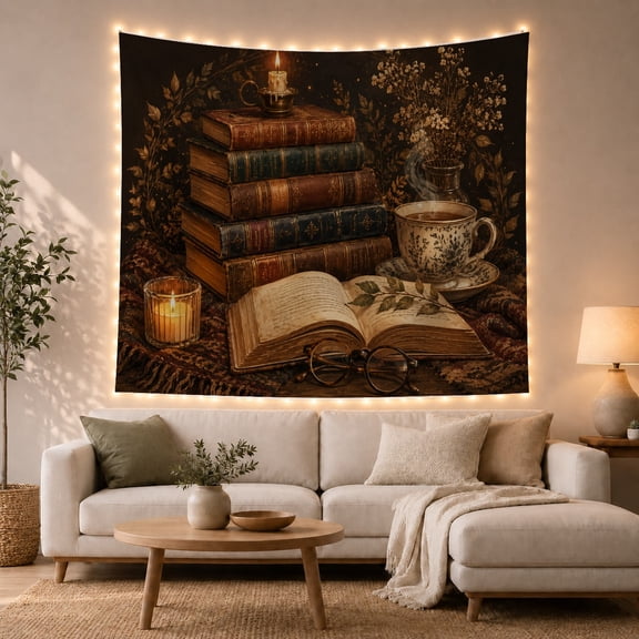Vintage Books and Teacup on a Dark Desk, Cozy Dark Academia Style for Book Lovers, Library Wall Decor, Graduation Gift, Tapestry Wall Hanging for Home Library and Study Room