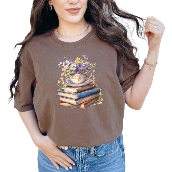 Vintage Books and Teacup Floral T-Shirt, Book Lover Gift, Literary Tea Shirt, Cozy Reading Tee, Cute Florals Graphic Tee, Bibliophile Top, Espresso Comfort Colors T-Shirt, 3XL