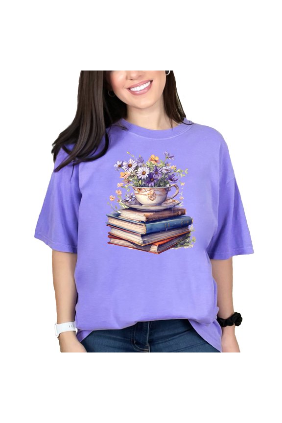 Vintage Books and Teacup Floral T-Shirt, Book Lover Gift, Literary Tea Shirt, Cozy Reading Tee, Cute Florals Graphic Tee, Bibliophile Top, Violet Comfort Colors T-Shirt, XL