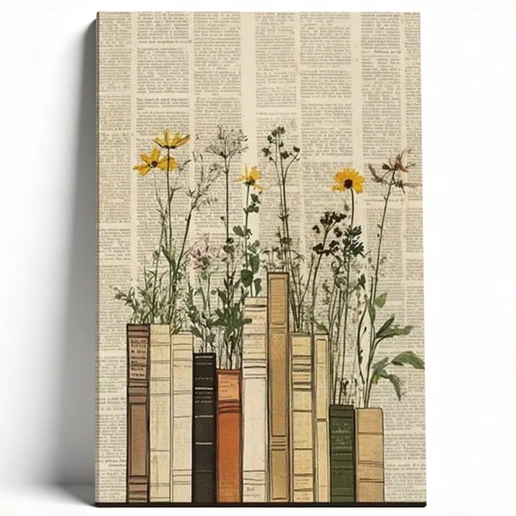 Vintage Books And Wildflowers Framed Canvas Wall Art - Retro Newspaper Print Floral Artwork, Rustic Botanical Decor For Home, Library, Living Room, Bedroom, Office 8*12inch(20*30cm)
