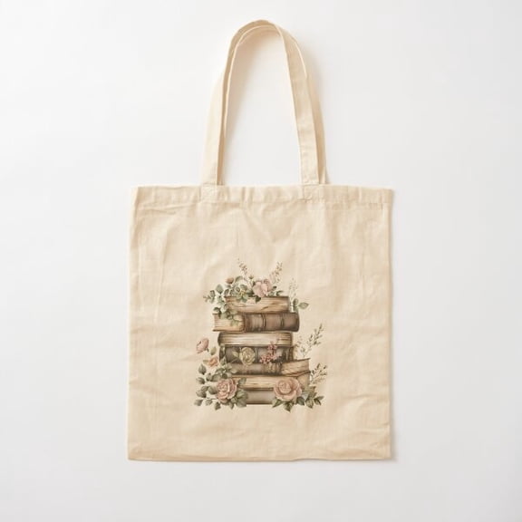 Vintage Books With Flowers Cotton Tote Bag Canvas Tote Bag, Family Gift For Mother, Her