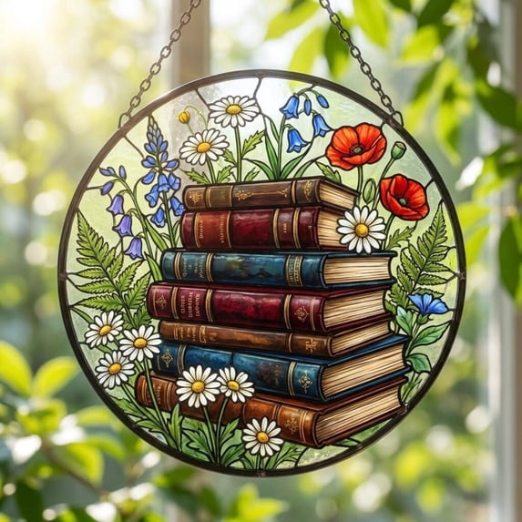 Vintage Books and Wildflowers Glass Suncatcher, Stack of Books Window Hanging, Reader for Mom, Grandma, Bookworm Decor, 3.5 in