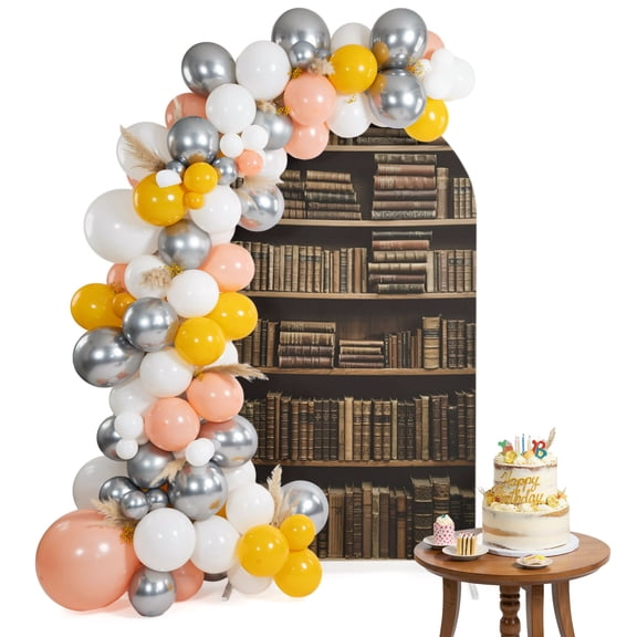 Vintage Bookshelf Arch Backdrop Cover 4 Ft Library Book Retro Spandex Fitted Stretchy Arch Cover, Round Top Chiara Backdrop Cover for Wedding Birthday Baby Shower