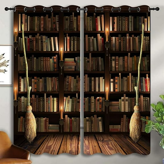 Vintage Bookshelf Blackout Curtains Library Books Bookcase Ladder Candle Decor Shading Drapes For Bedroom Study Classroom Living Room Darkening Grommet Window Drapes 42"W x 63"L (Pack of 2)