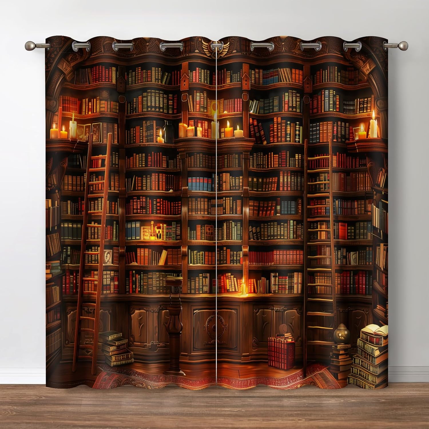 Vintage Bookshelf Blackout Curtains Library Books Bookcase Ladder Candle Decor Shading Drapes for Bedroom Study Classroom Living Room Darkening Grommet Window Drapes 2 Panel Set, 52"x84"