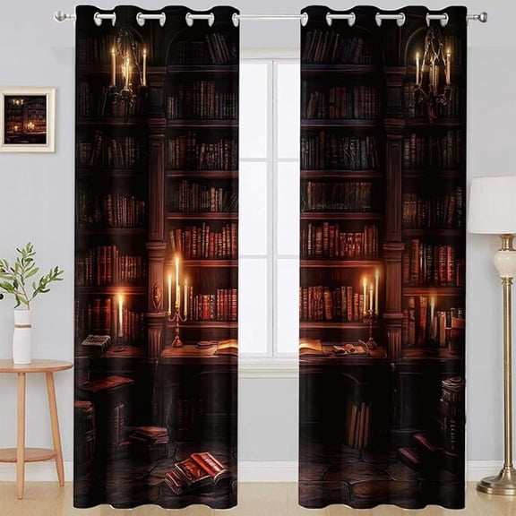Vintage Bookshelf Blackout Curtains, Library Books Bookcase Ladder Candle Decor Shading Drapes Curtains Room Darkening Grommet, Window Curtain For Living Room Bedroom Decor 42"W x 96"L (Pack of 2)