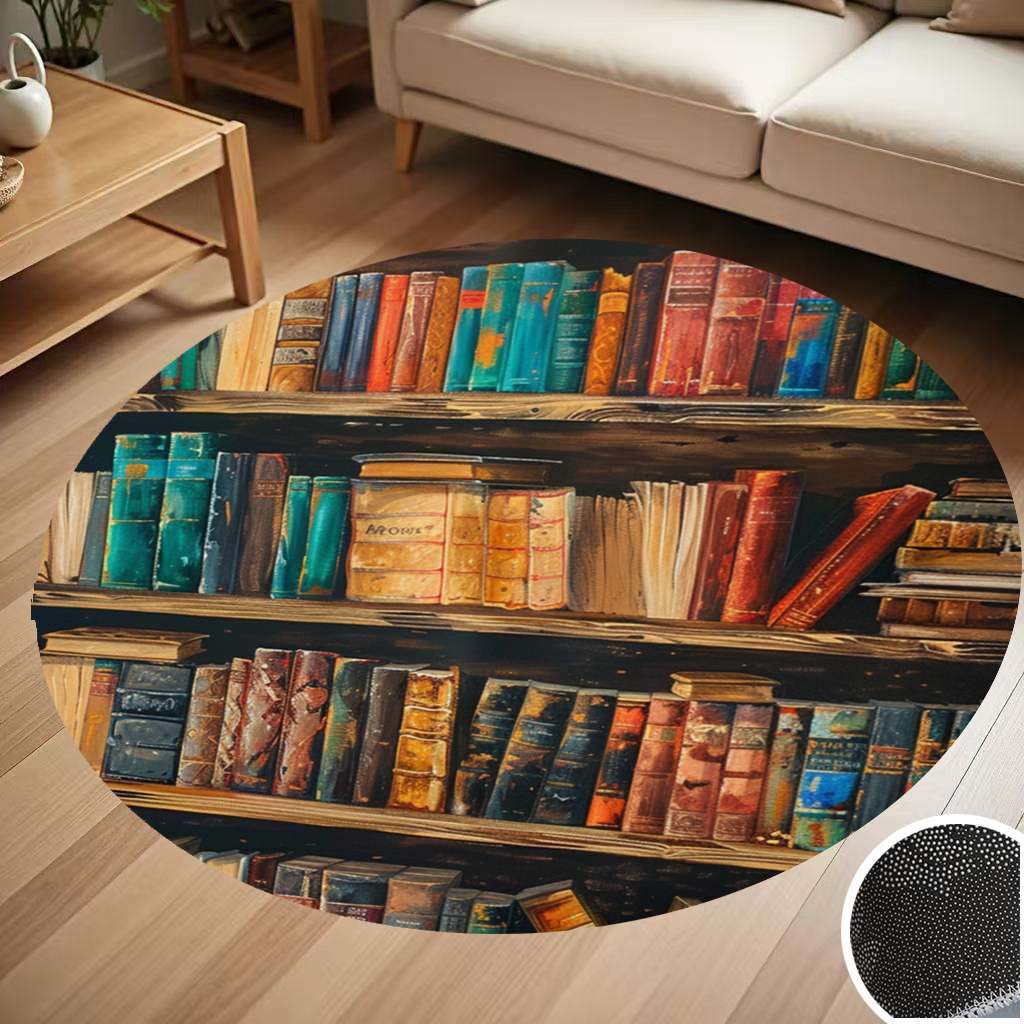 Old Library Rug Vintage Bookshelf Books Library Round Carpet Living Room Bedroom Home ...