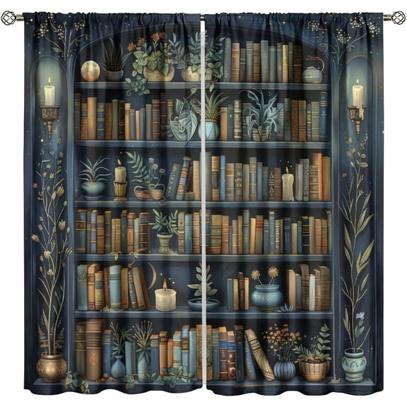 Vintage Bookshelf Curtains, Fantasy Bookshelf Books Medieval Style Home Decor Bedroom Living Room Window Treatment Drapes Set-42"W x 72"L (Pack of 2)