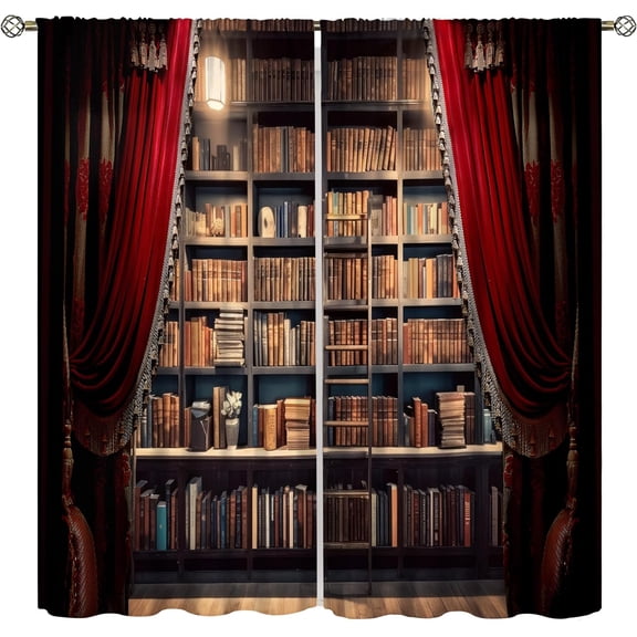 Vintage Bookshelf Curtains, Library Learning Education Study Bookcase Window Treatments for Living Room Bedroom Classroom Decor, Antique Wooden Bookcase Drapes 2 Panel Sets,52x84 Inch