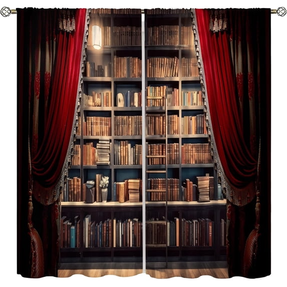 Vintage Bookshelf Curtains, Library Learning Education Study Bookcase Window Treatments for Living Room Bedroom Classroom Decor, Antique Wooden Bookcase Drapes 2 Panel Sets,42x54 Inch