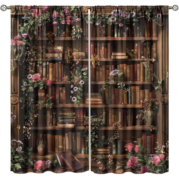 Vintage Bookshelf Curtains, Retro Library Old Antique Bookcase Floral Rustic Print for Room Window Decor, Rod Pocket Blackout Drapes for Classroom Bedroom Living Room-42"W x 45"L (Pack of 2)