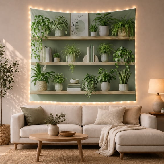 Vintage Bookshelf with Houseplants, Sage Green Background Cozy Boho for Book Lovers, Plant Wall Art, Housewarming Gift Tapestry Wall Hanging for Home Library, Study Room and Bedroom