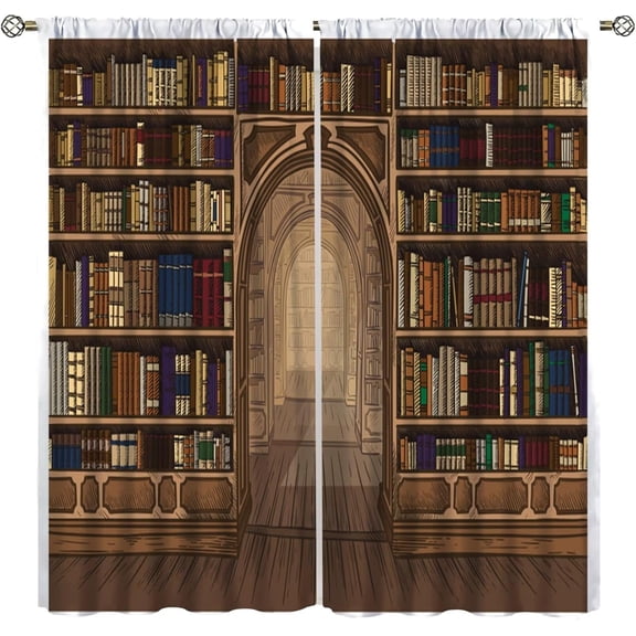 Vintage Bookshelf Kids Curtains,Library Learning Education Study Bookcase Theme Window Treatments for Living Room Bedroom Classroom Kids Room 53"W x 63"L (Pack of 2)