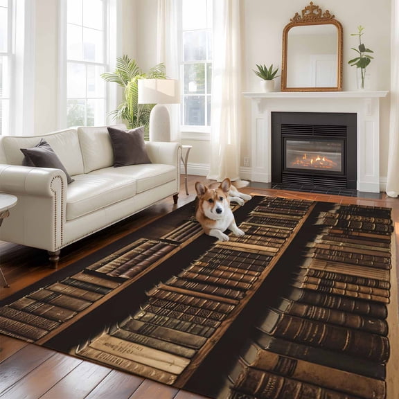 Vintage Bookshelf Large Area Rugs 5x8 ft Library Book Retro Washable Rug Non Slip Indoor Carpet Absorbent Floor Mat for Living Room Bedroom Dining Room