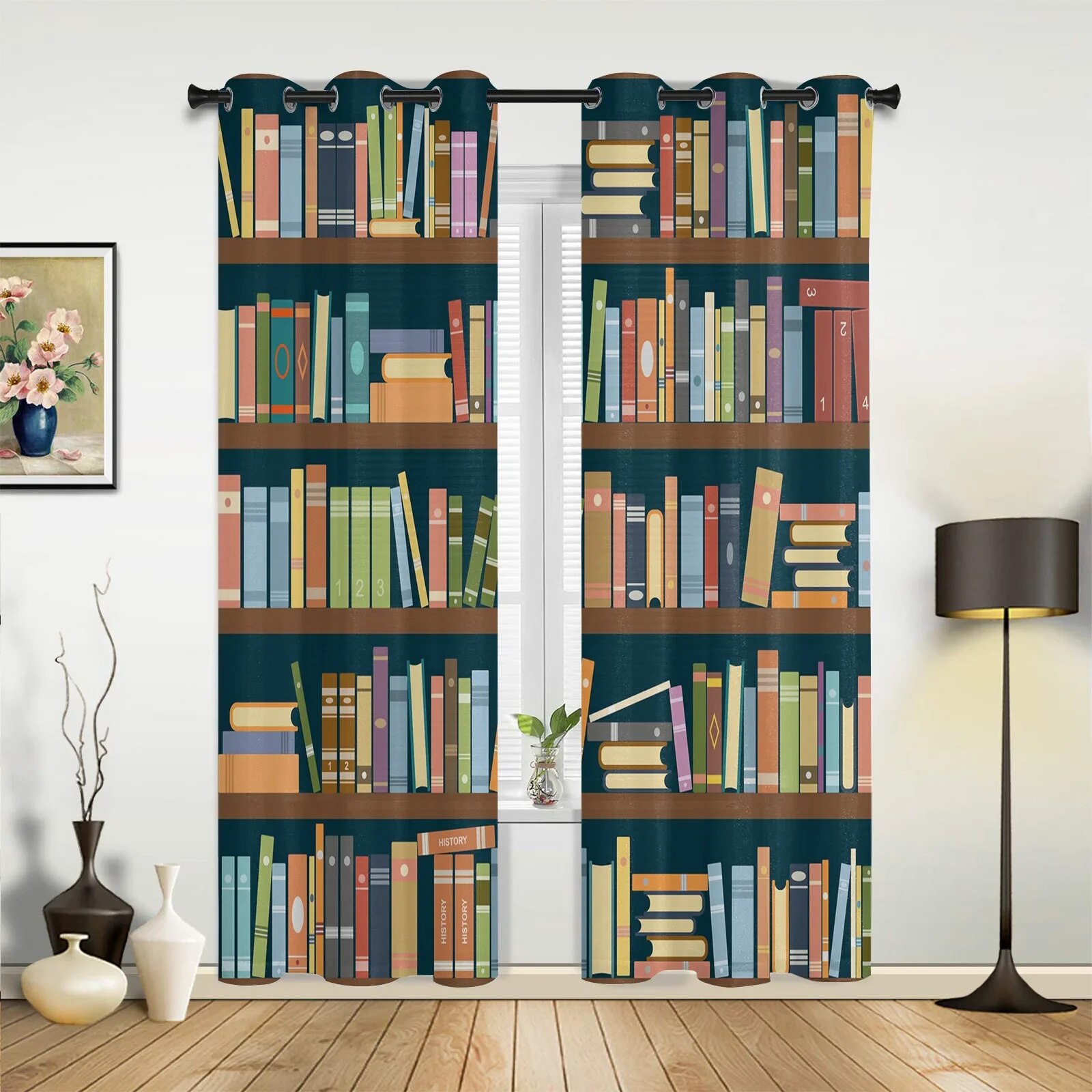 Vintage Bookshelf Library Book Curtains for Bedroom Living Room Drapes