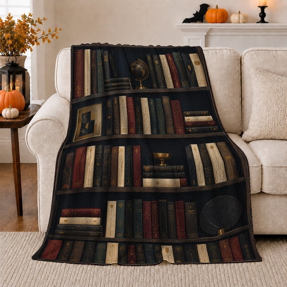 Vintage Bookshelf Library Scene Globe Books, Cozy Typography Art Scene, Warm Flannel Blanket for Living Room and Reading Nook, Art Lovers Graduation Gift, Artistic Home Decor