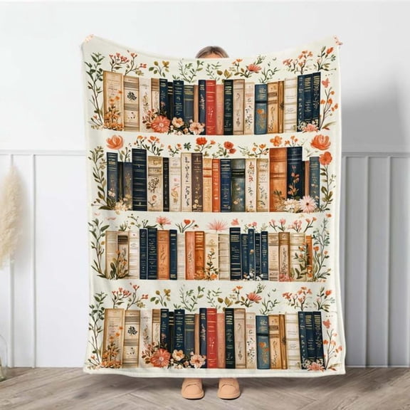 Vintage Bookshelf Library Throw Blanket Cozy Cottagecore Design Soft Warm All Season Home Bed Sofa Picnic Durable Machine Washable Book Lover Gift