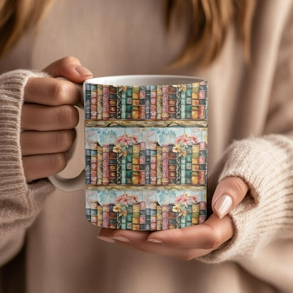 Vintage Bookshelf Mug, Cozy Reading Gift, Book Lover Coffee Cup, Library Decor, Tea or Coffee Mug Present