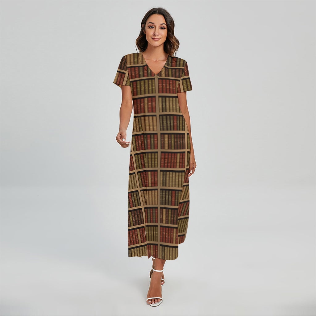 Vintage Bookshelf Pattern Printed Short Sleeve Maxi Dress, Book Reading ...