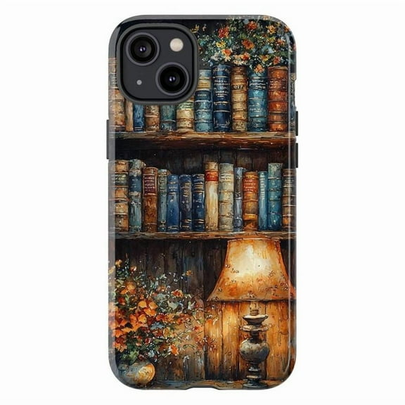 Vintage Bookshelf Phone Case for iPhone 16 15 14 13 12 11 Pro Max – Dual Layer Shockproof Protective Cover with Cozy Library Design