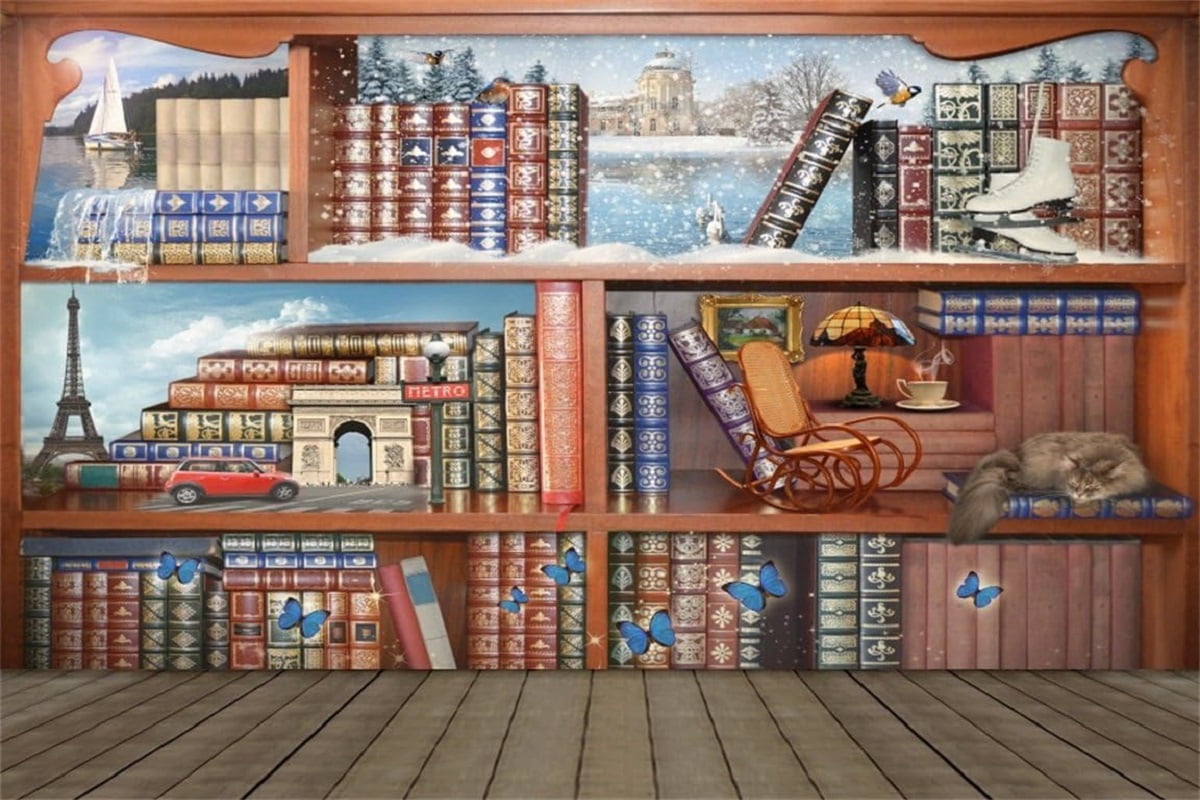 Vintage Bookshelf Photography Backdrop Winter Bookcase Scenic Background Kid Adult Portrait