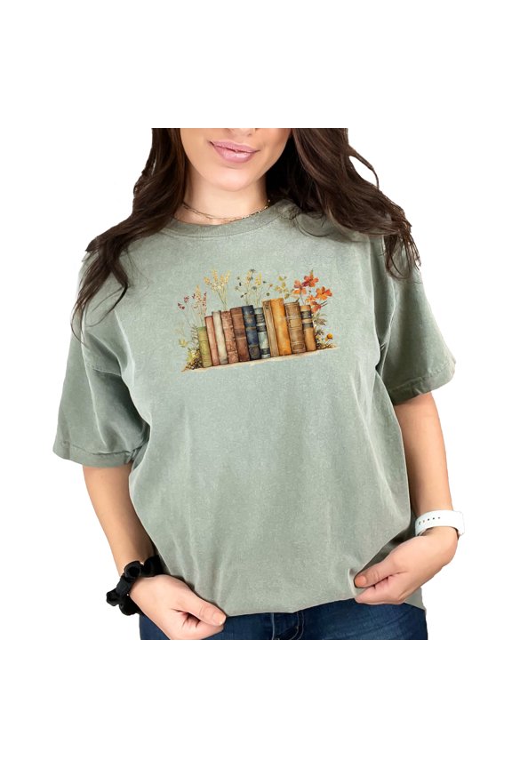 Vintage Bookshelf Print T-Shirt, Retro Library Graphic Tee, Literary Art Shirt, Book Lover Gift Tee, Aesthetic Reader T-Shirt, Moss Comfort Colors T-Shirt, Medium