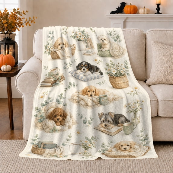 Vintage Bookshelf Puppy Vignettes, Cozy Pet Portrait Pattern, Warm Flannel Blanket for Living Room and Bedroom, Dog Lovers Just Because Gift, Pet Lover Home Decor