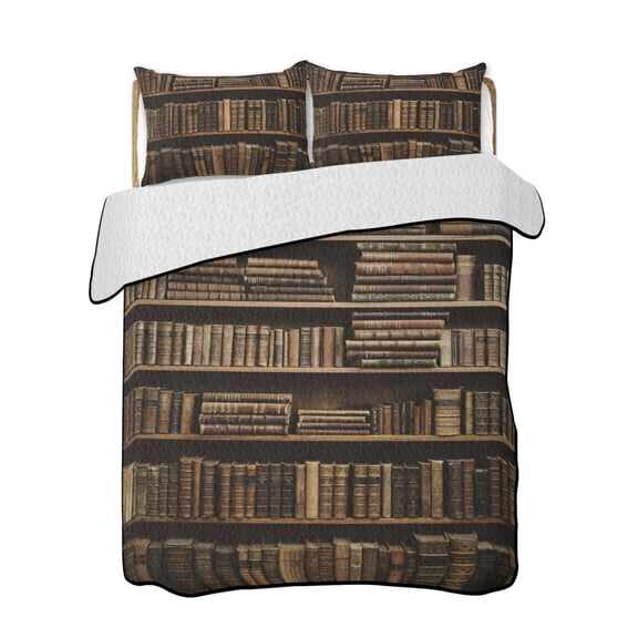 Vintage Bookshelf Quilts Bedding Set Full Size Library Book Retro Lightweight Quilted Bedspread 3 Piece Bed Quilt with 2 Pillow Shams All Season for Bedroom 68" x 98"