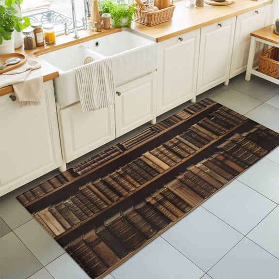 Vintage Bookshelf Rectangle Area Rug 2x6ft,Living Room Rug Non-Slip Washable Circle Rugs Pad,Library Book Retro Art Soft Floor Carpet for Bedroom Dining Room
