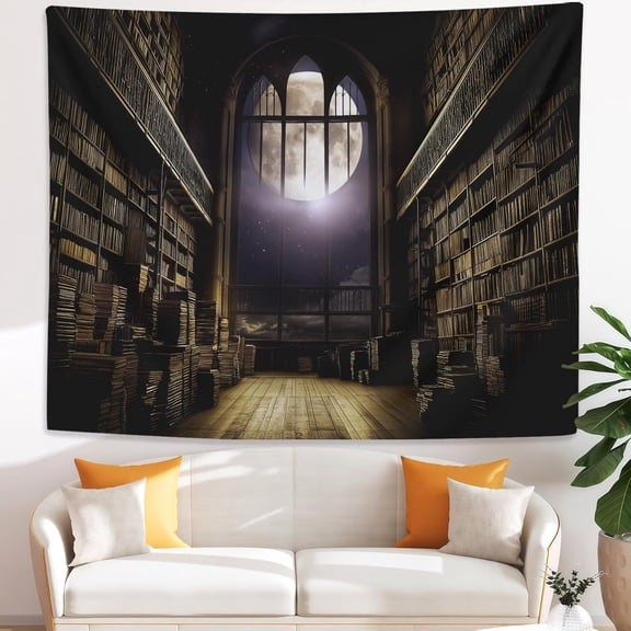Vintage Bookshelf Tapestry, Books Wall Hanging, Library Bookcase Tapestry for Bedroom, Full Moon Star Tapestries for Living Room Dorm Office Wall Art Decor 30x40 Inches