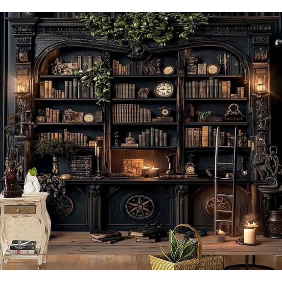 Vintage Bookshelf Tapestry, Medieval Gothic Bookcase Tapestry Spooky Library Tapestries Book Skull Backdrop for Bedroom Living Room Dorm Office Wall Decor 80 x 60