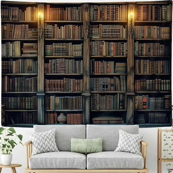 Vintage Bookshelf Tapestry Wall Hanging, Retro Library Wall Art Bohemian Hippie Tapestries, College Dorm Decor for Bedroom Living Room, 60X40IN