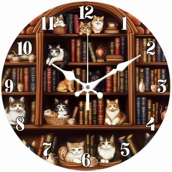 Vintage Bookshelf Wall Clock Cat Non-Ticking Clock 12 Inch Round Decorative Clocks Printed Wall Clock DIY