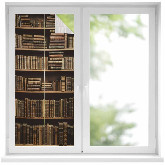 Vintage Bookshelf Window Privacy Film 17.7x39.3in Library Book Retro Decorative Window Film with Static Cling, UV Filtering Window Cling Privacy Film for Glass Doors and Windows