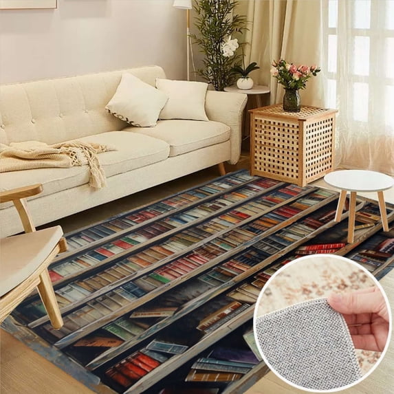 Vintage Bookshelf World Famous Books Library Soft Large Area Rugs Washable Rug With Non-Slip Backing Carpet For Living Room Bedroom Kitchen