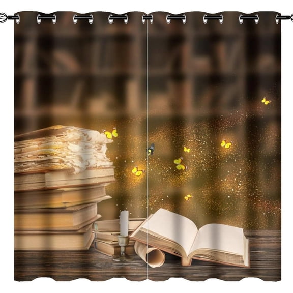 Vintage Bookshelves Blackout Curtain Abstract Mystery Library Opening Book Light Butterfly Grommet Window Insulated NoiseDrapes Decor For Bedroom Living Room Curtains 38"W x 54"L (Pack of 2)